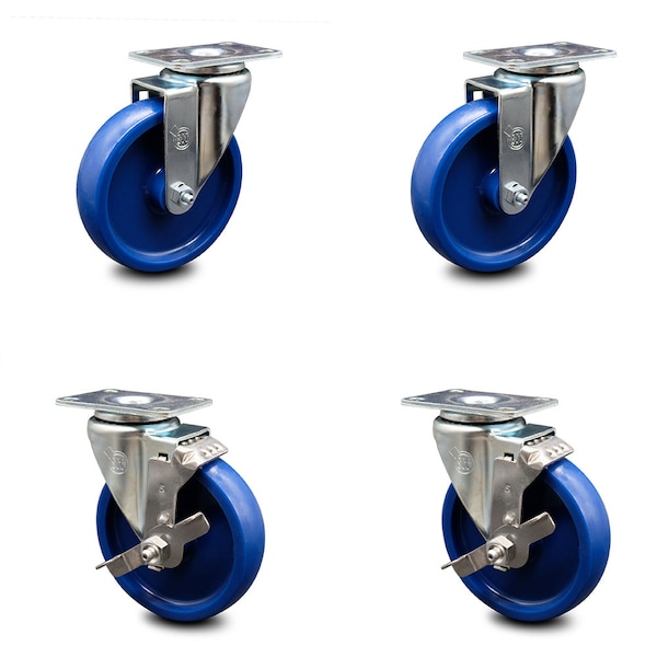 5 Inch Solid Polyurethane Wheel Swivel Top Plate Caster Set with 2 Brakes SCC